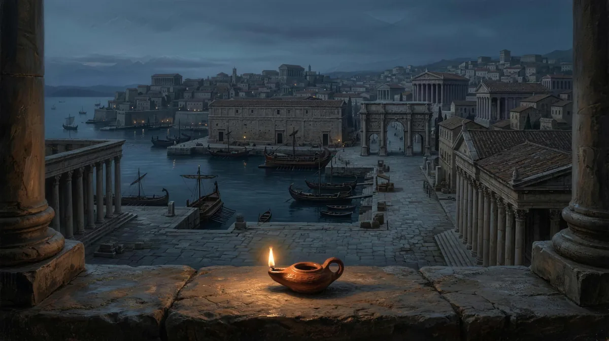 A terracotta oil lamp burning on a stone ledge above a Roman harbour at dusk